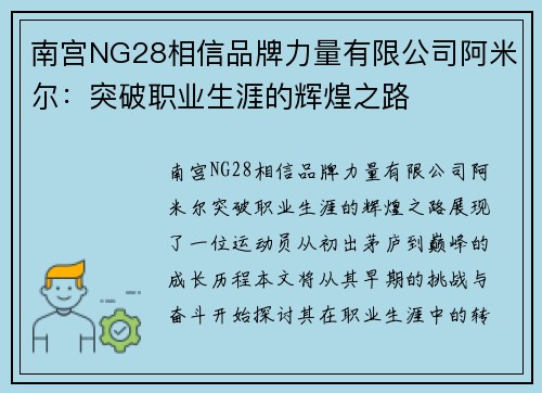 南宫NG28相信品牌力量有限公司阿米尔：突破职业生涯的辉煌之路